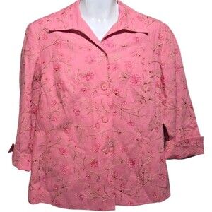 Rafael Embroideed Top Womens 14 Pink Linen Blend Bead Sequin Detail Button Front